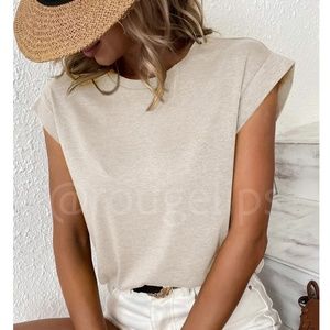 Beige Crew Neck Muscle Tee Top Shirt Cap Sleeve, Round Neck